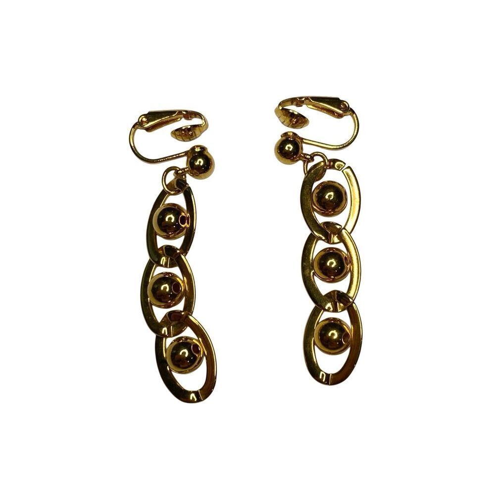 Vintage Avon Gold Dangle Clip On Earrings Oval Linked Ball Design Retro Jewelry